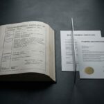 Open property registry book and discharge documents separated by a barrier, illustrating the registration gap between factual debt repayment and registry update.