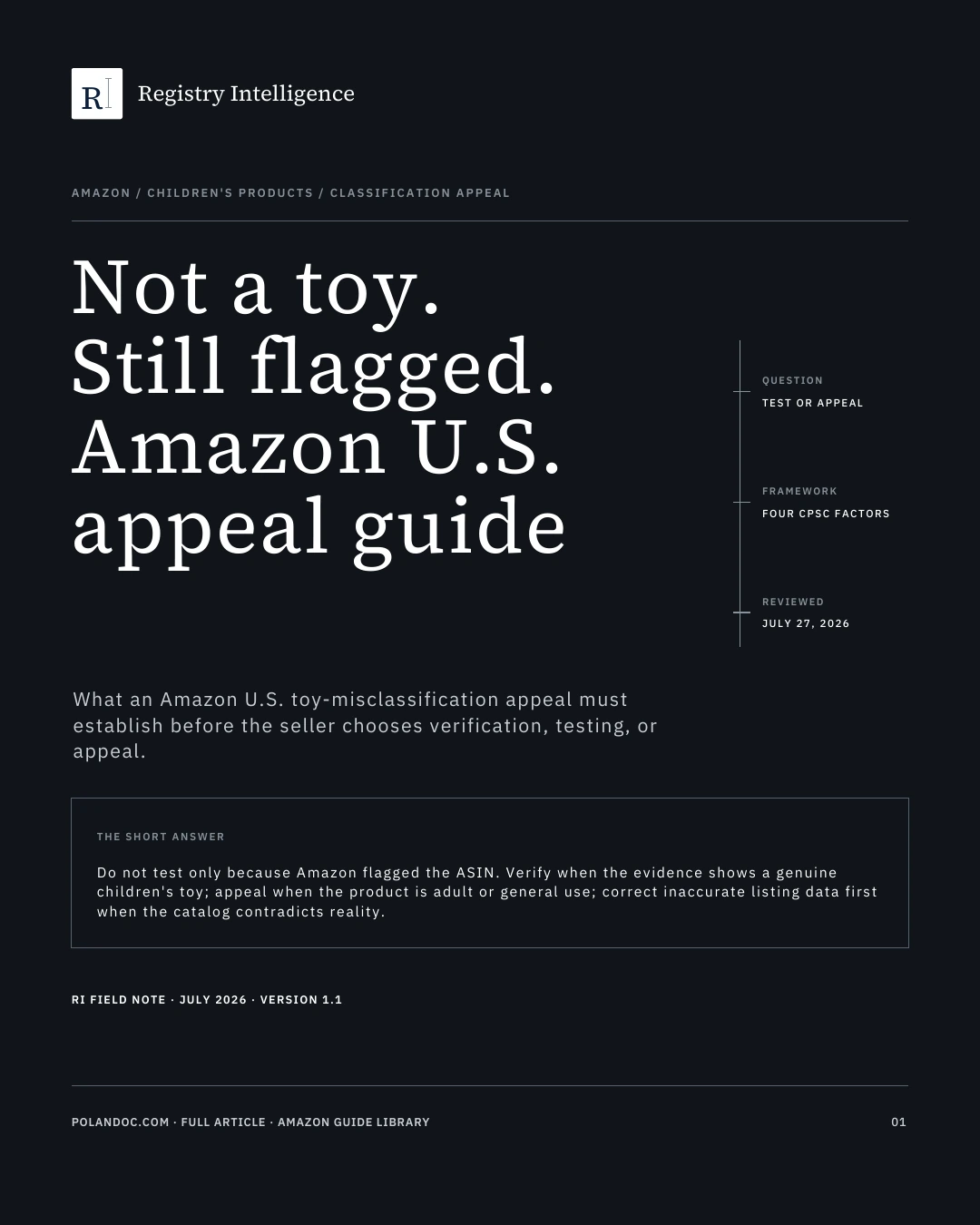 Cover of the Amazon children’s-toy misclassification appeal mini-guide