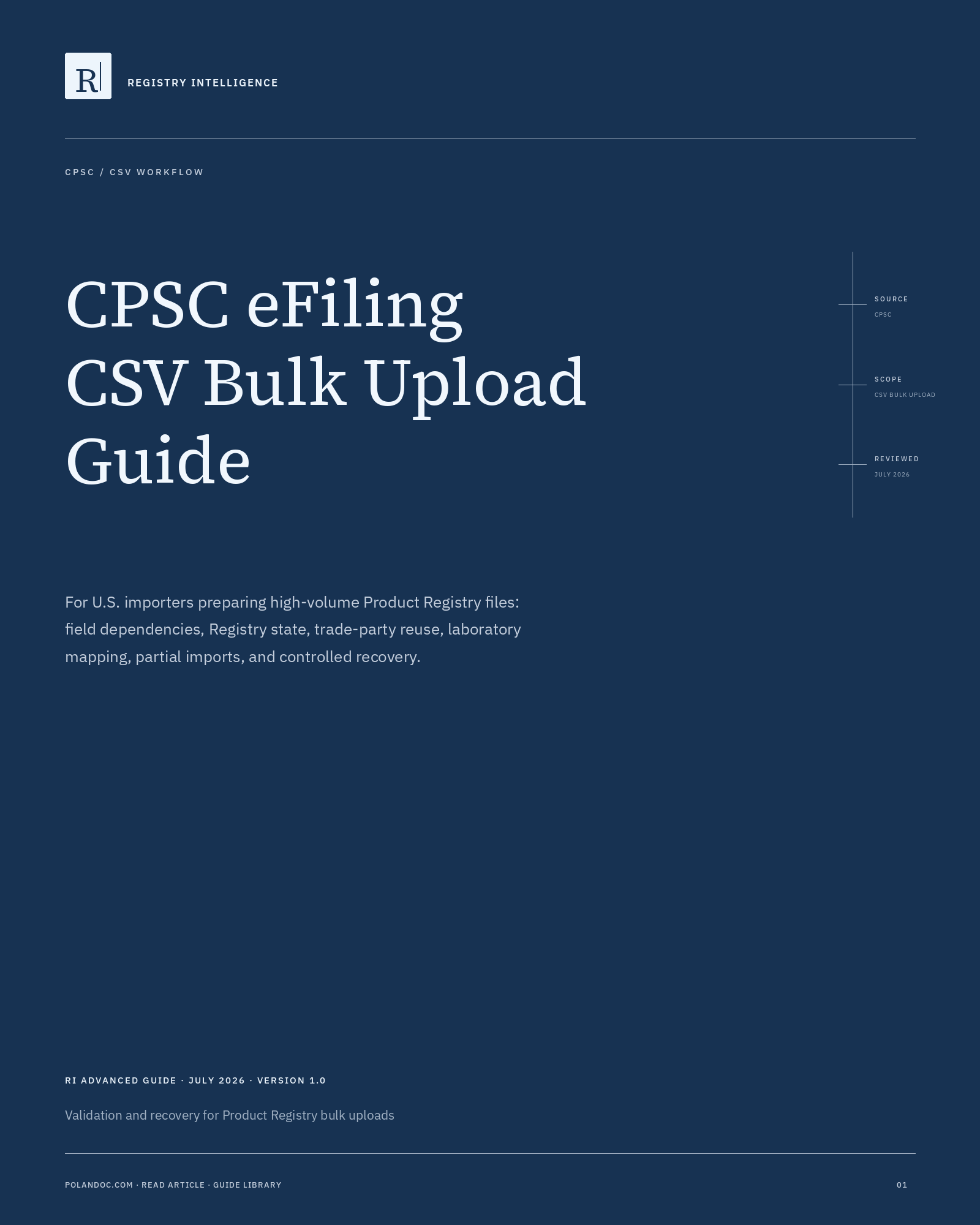 Cover of CPSC eFiling CSV Bulk Upload advanced guide for U.S. importers