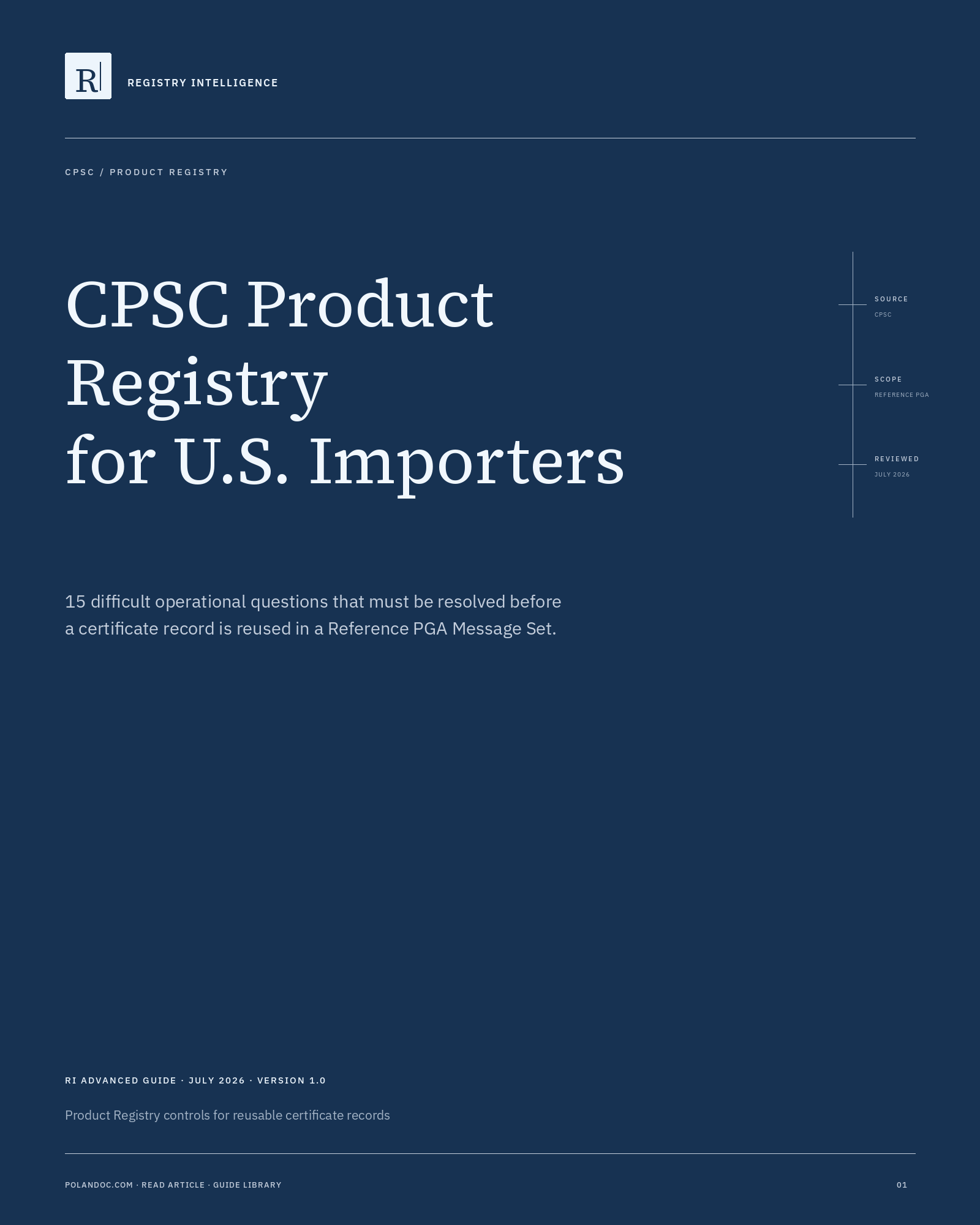 Cover of CPSC Product Registry advanced guide for U.S. importers