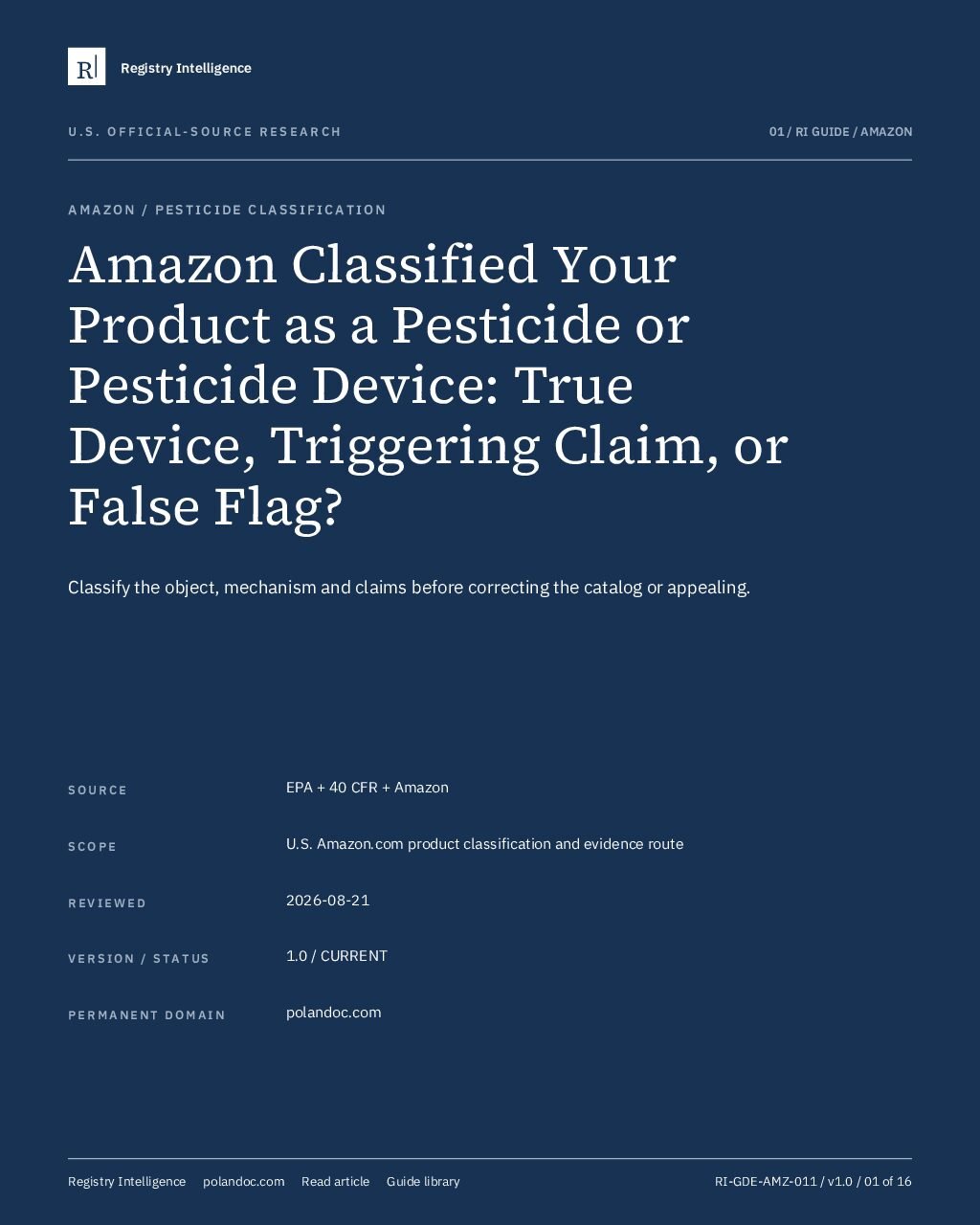 Cover of Amazon Classified Your Product as a Pesticide or Pesticide Device: True Device, Triggering Claim, or False Flag?
